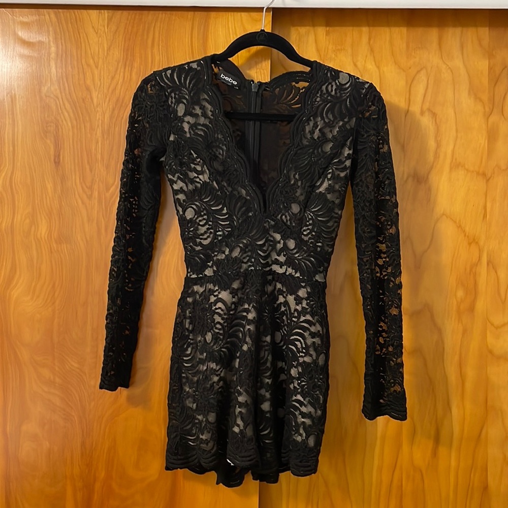 Bebe Deep V lace Romper longe sleeve.